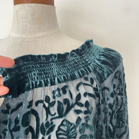 Sundance Green floral burnout off the shoulder sheer blouse top Small - Picture 3 of 7